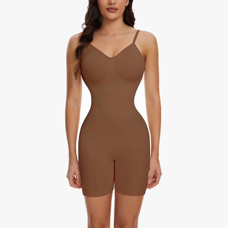 Model showcasing seamless full body shapewear with adjustable straps.  Experience ultimate comfort, body sculpting, and a flattering silhouette. Breathable and invisible under clothes.