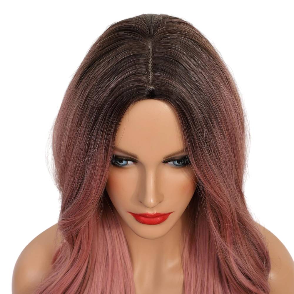 Raxiva-long wavy ombre pink heat resistant synthetic hair wig natural waves