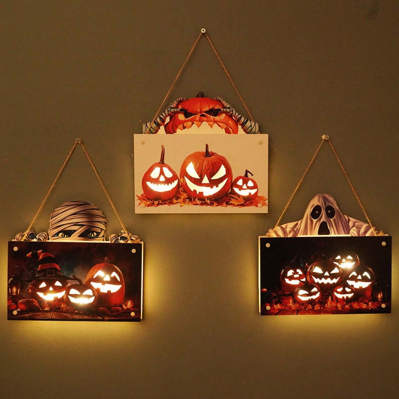 Raxiva - Halloween House Sign Listing Atmosphere Night Light - Wooden Door Hanging Decor
