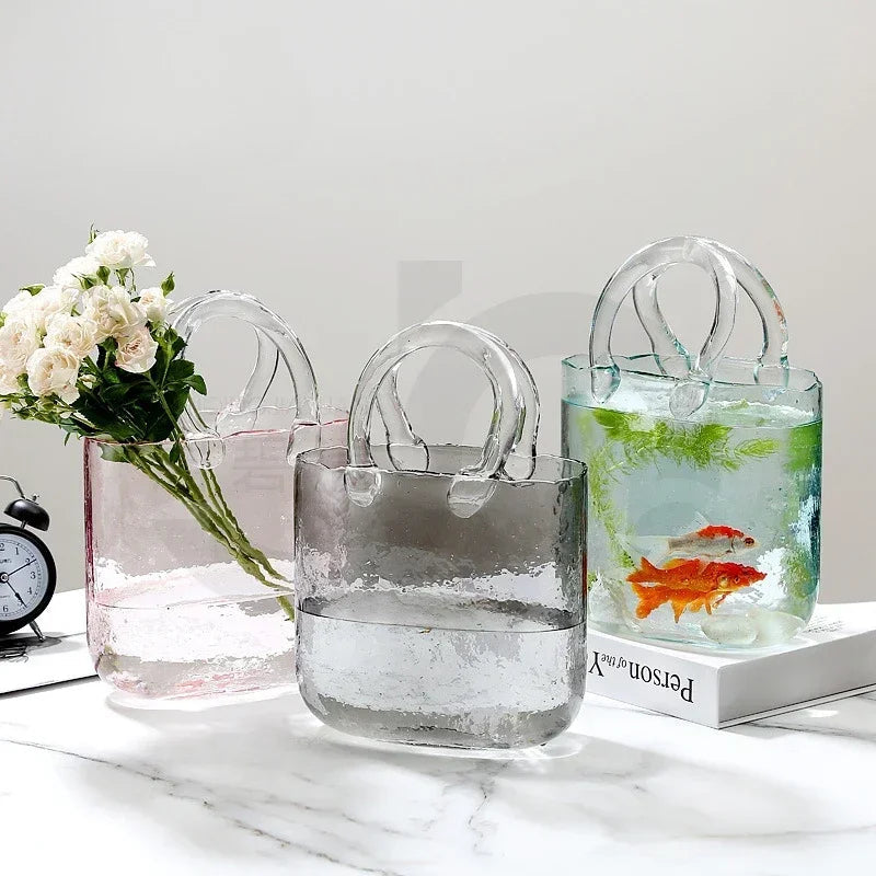 Raxiva - Nordic-Inspired Designer Glass Vase Handbag – Chic Hydroponic Flower Basket for Stylish Home Décor and Fish Farming