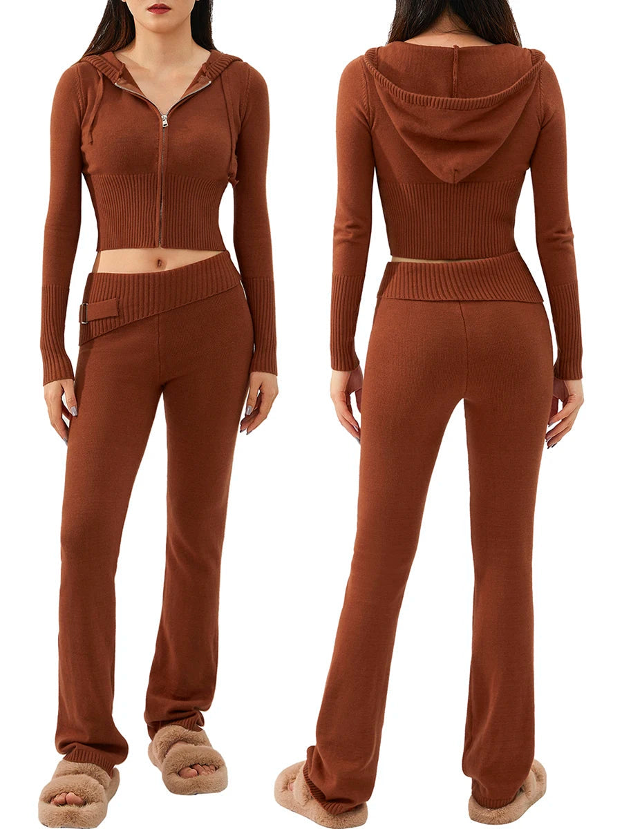 Raxiva - Ribbed Knit Lounge Set for Women – Zip-Up Hoodie & High-Waist Wide-Leg Pants, 2-Piece Relaxed Loungewear Ensemble