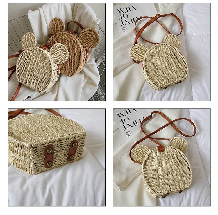 Raxiva - Small Round Rattan Mickey Shoulder Bag- Cute Mickey Handbag for Travel & Beach Vacations