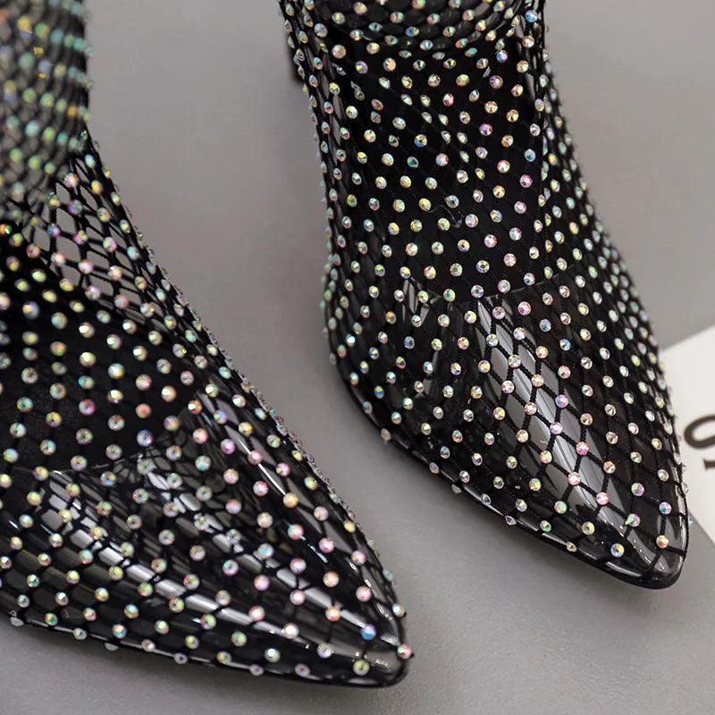 Raxiva - Summer Sparkle Rhinestone Mesh Pointed-Toe Sandals – Dazzling Stiletto High Heels for the Glamorous Woman, Perfect for Elevating Your Style!