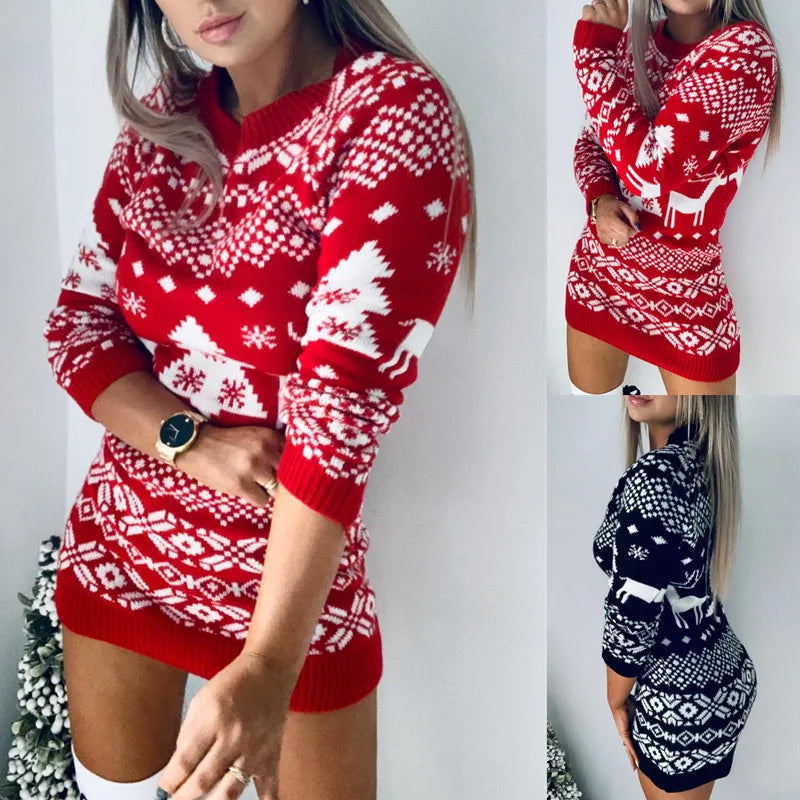Raxiva - Women's Sexy Knitted Reindeer Sweater Dress – Cozy Christmas Jumper Mini Dress for Winter Festivities