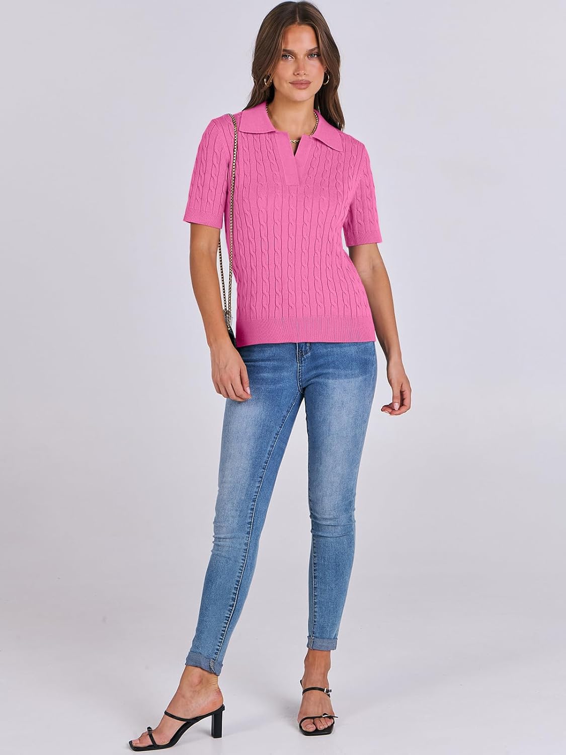 Raxiva - Casual Cable Knit V-Neck Short Sleeve Sweater – Soft Short Sleeve Pullover for Spring/Summer