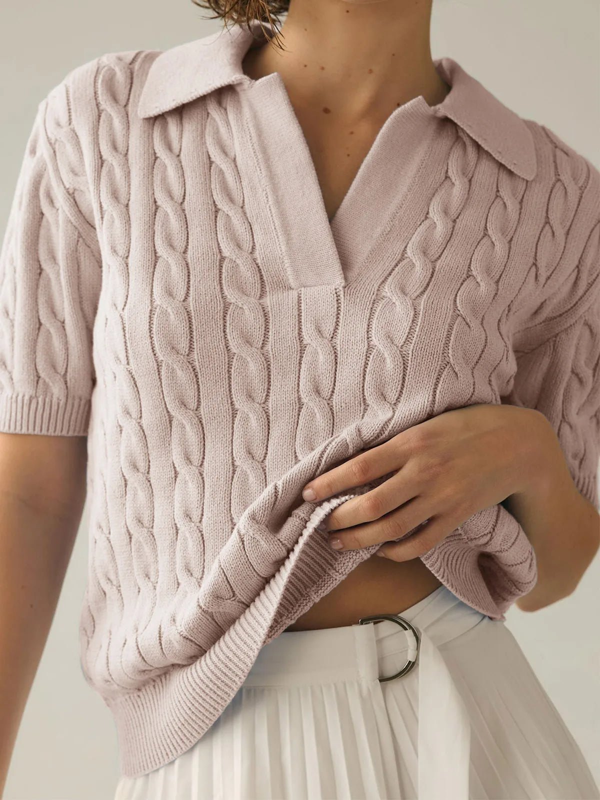 Raxiva-casual cable knit vneck short sleeve sweater soft pullover spring summer