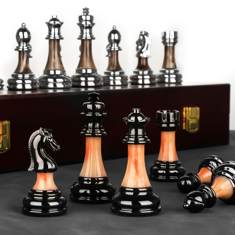 Raxiva-luxurious metal chess set large 45 cm wooden board