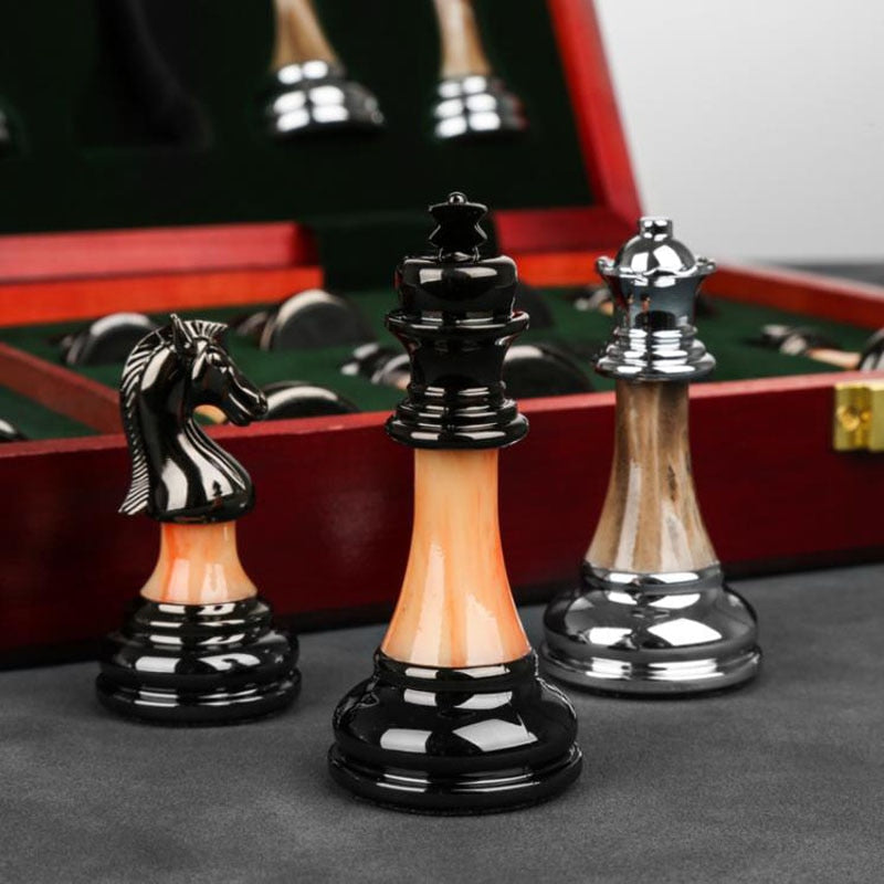 Raxiva-luxurious metal chess set large 45 cm wooden board