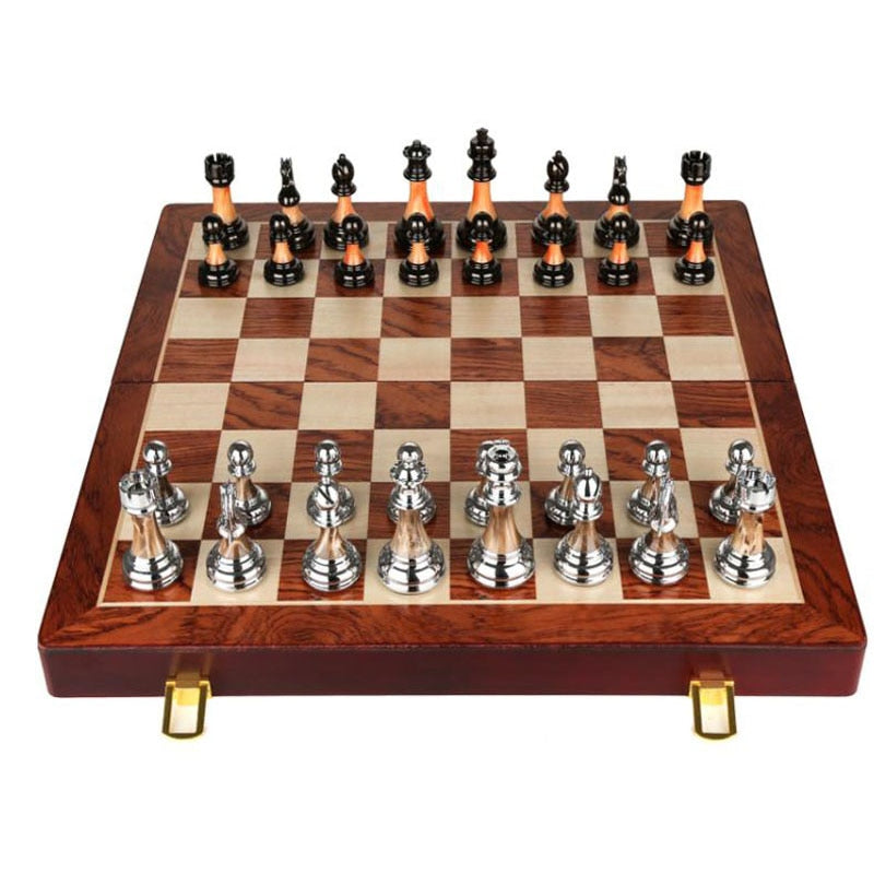 Raxiva-luxurious metal chess set large 45 cm wooden board