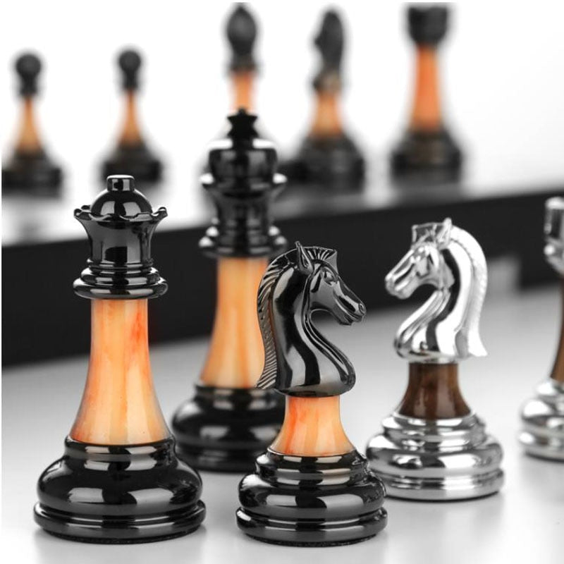 Raxiva-luxurious metal chess set large 45 cm wooden board