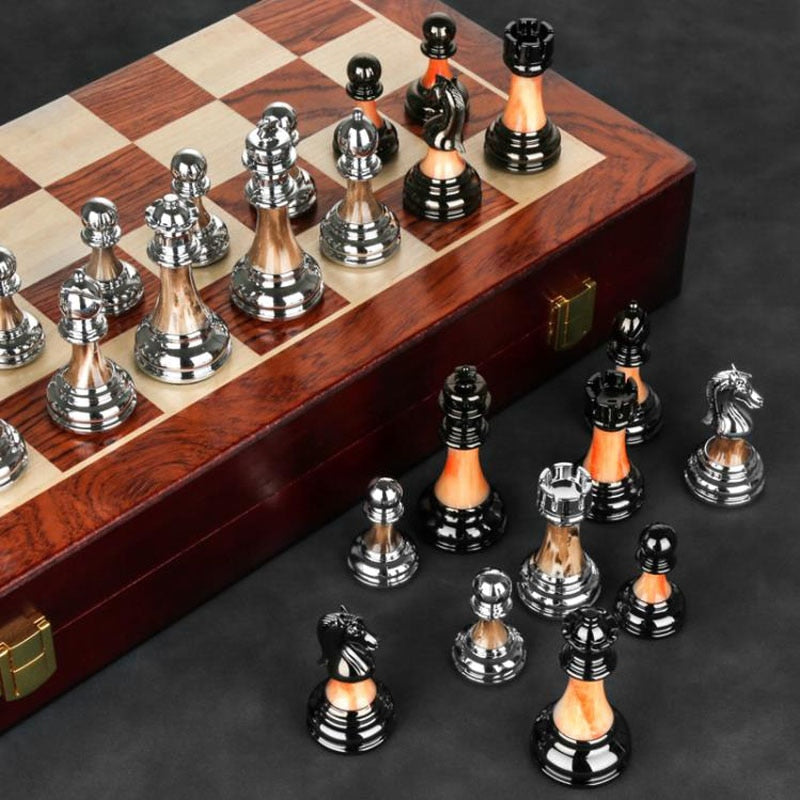 Raxiva-luxurious metal chess set large 45 cm wooden board