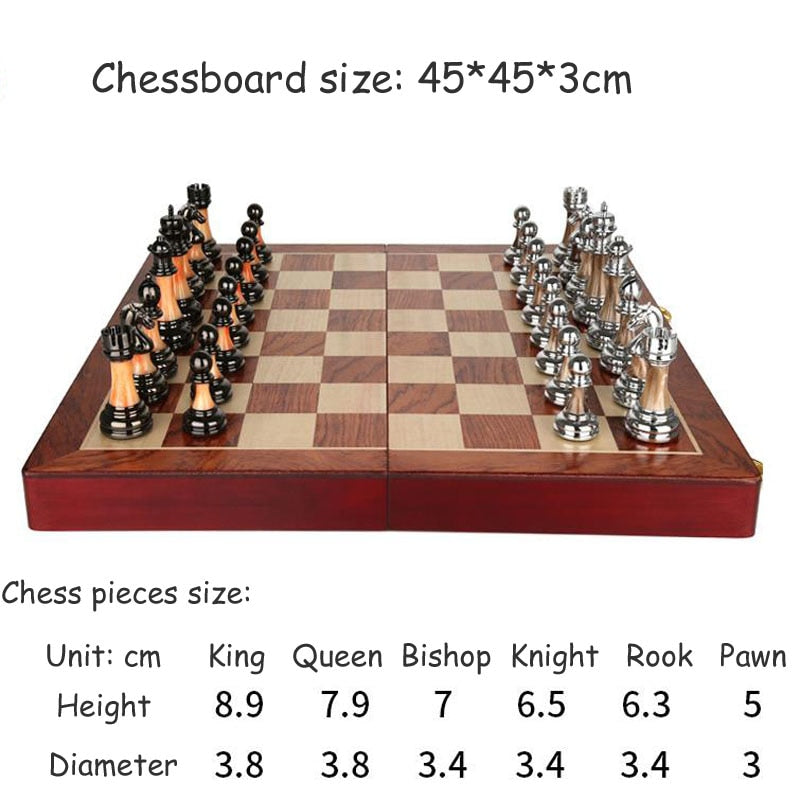 Raxiva-luxurious metal chess set large 45 cm wooden board