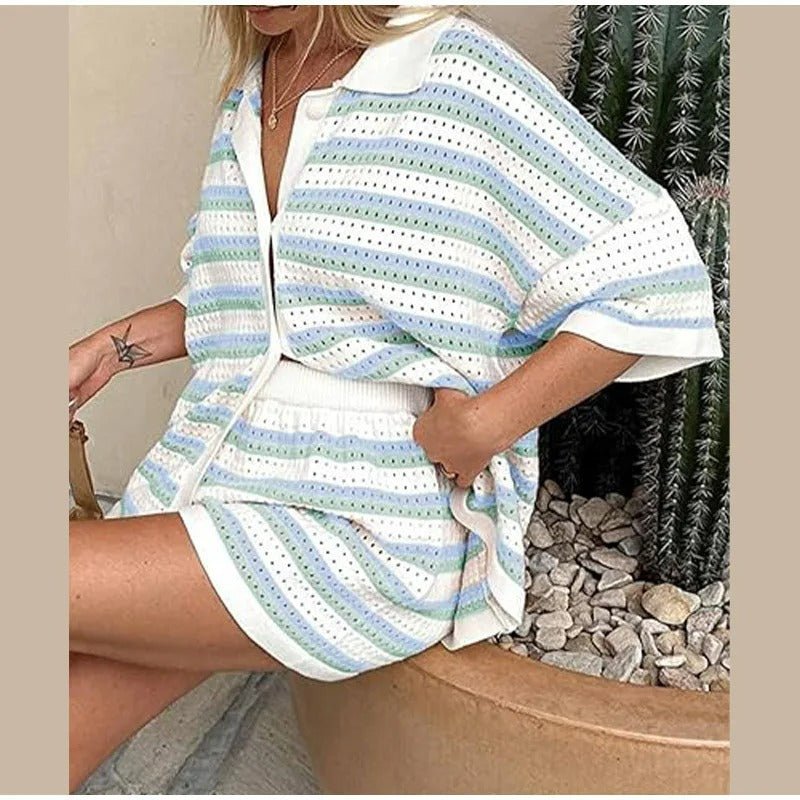 Raxiva-elegant lapel half sleeve top high waist shorts set loose casual outfit