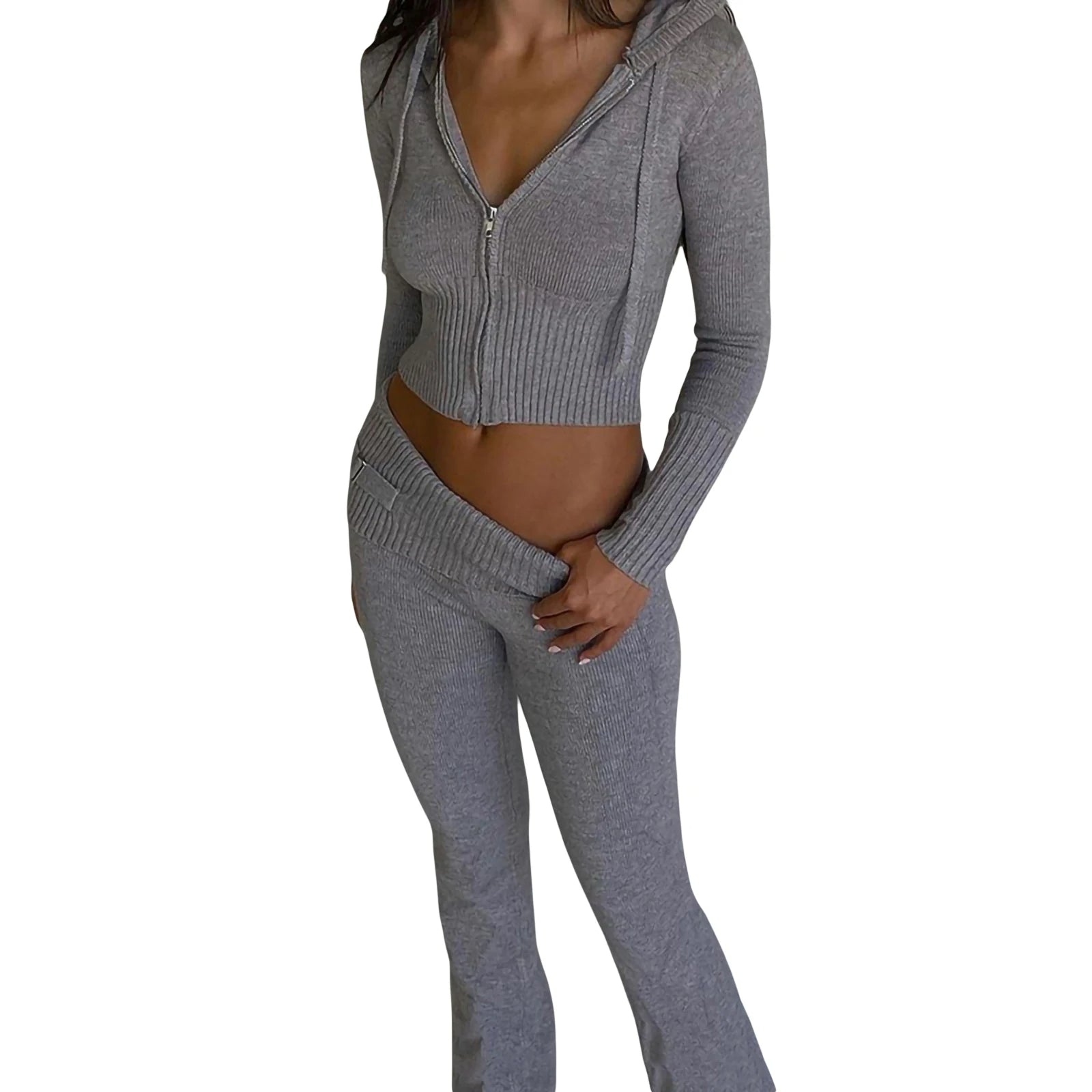 Raxiva-ribbed knit lounge set women zip hoodie high waist wide leg pants 2 piece loungewear