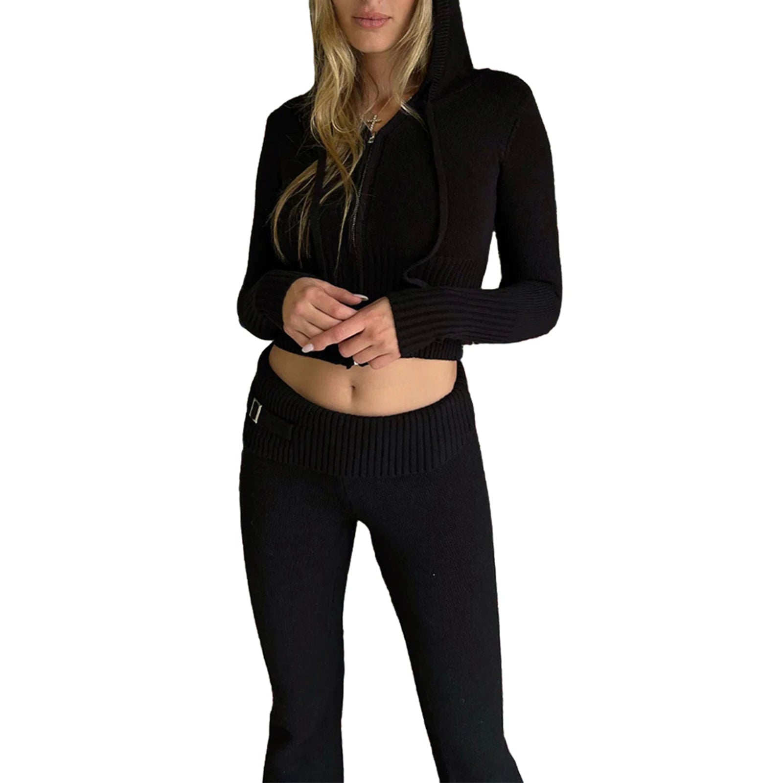 Raxiva-ribbed knit lounge set women zip hoodie high waist wide leg pants 2 piece loungewear