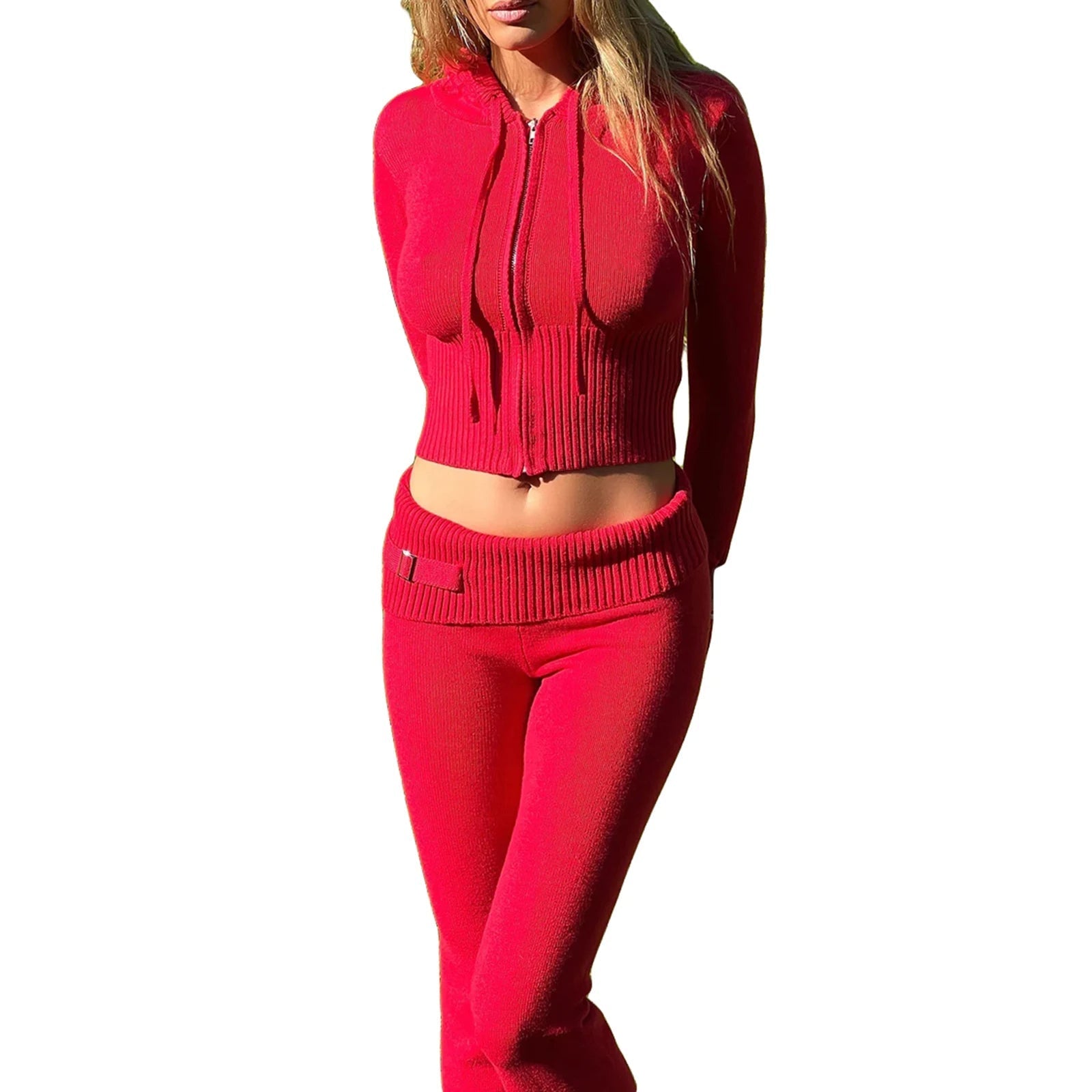 Raxiva-ribbed knit lounge set women zip hoodie high waist wide leg pants 2 piece loungewear
