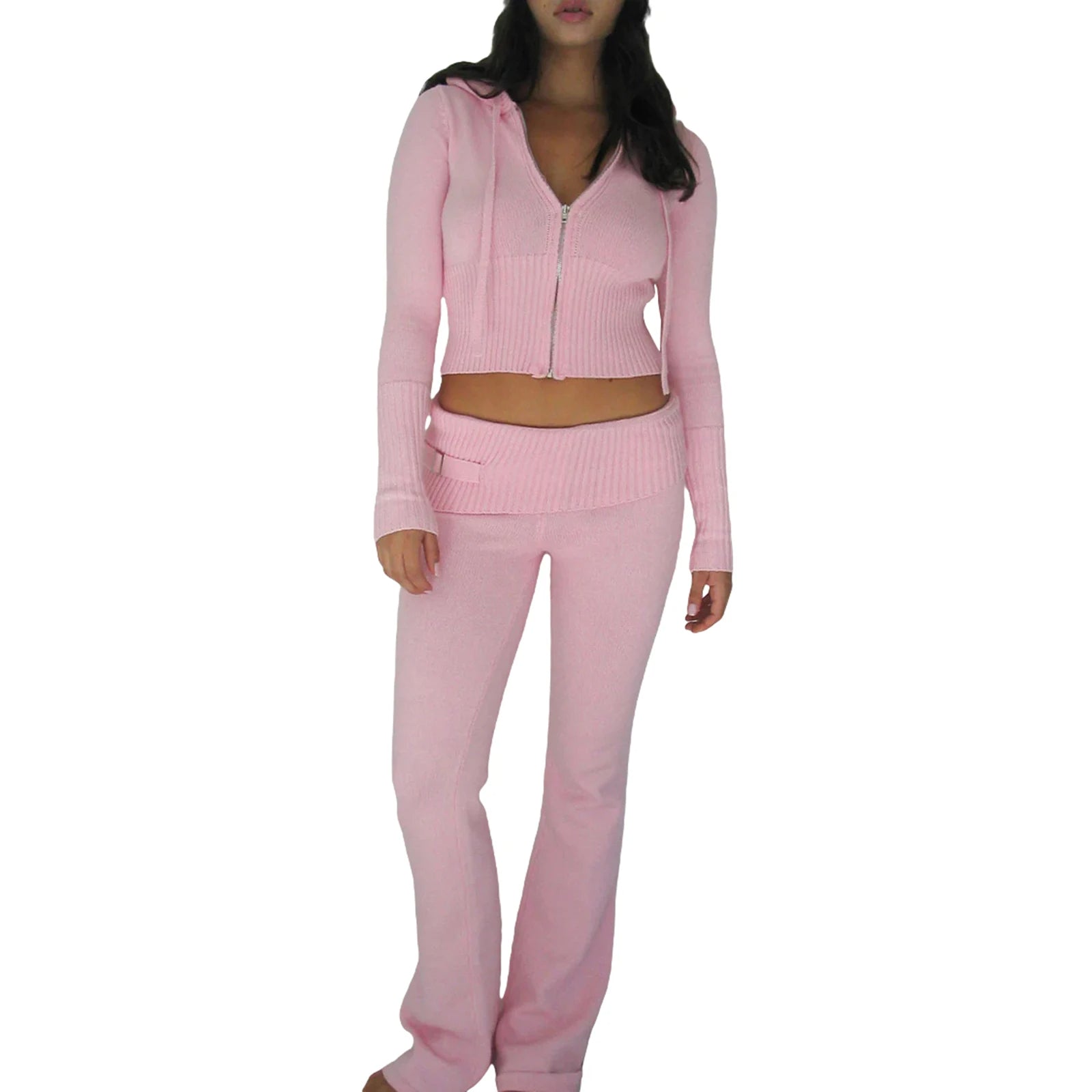 Raxiva-ribbed knit lounge set women zip hoodie high waist wide leg pants 2 piece loungewear