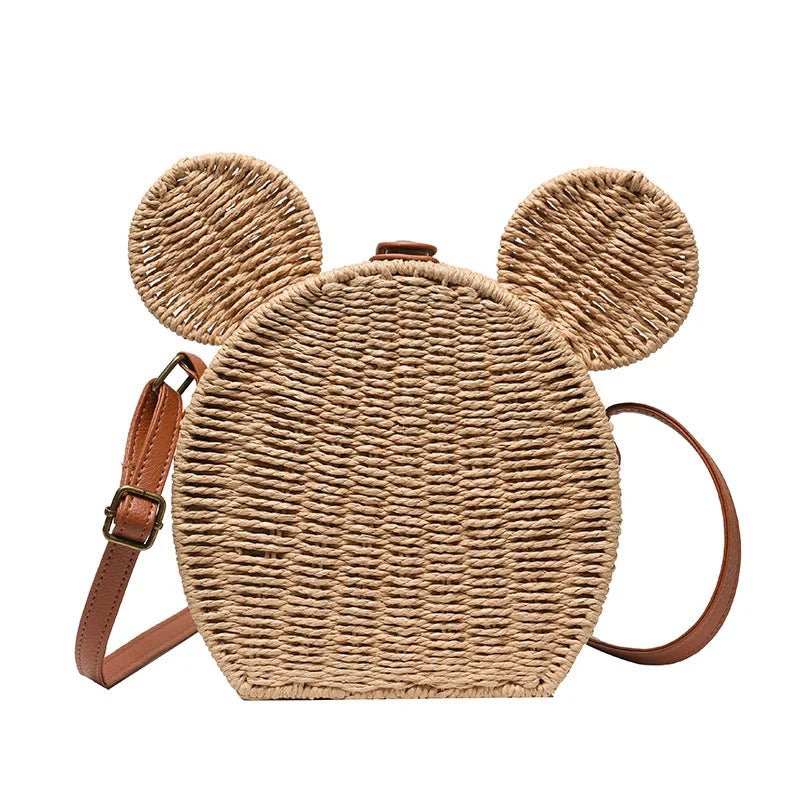 Raxiva-small round rattan mickey shoulder bag cute handbag for travel beach vacations
