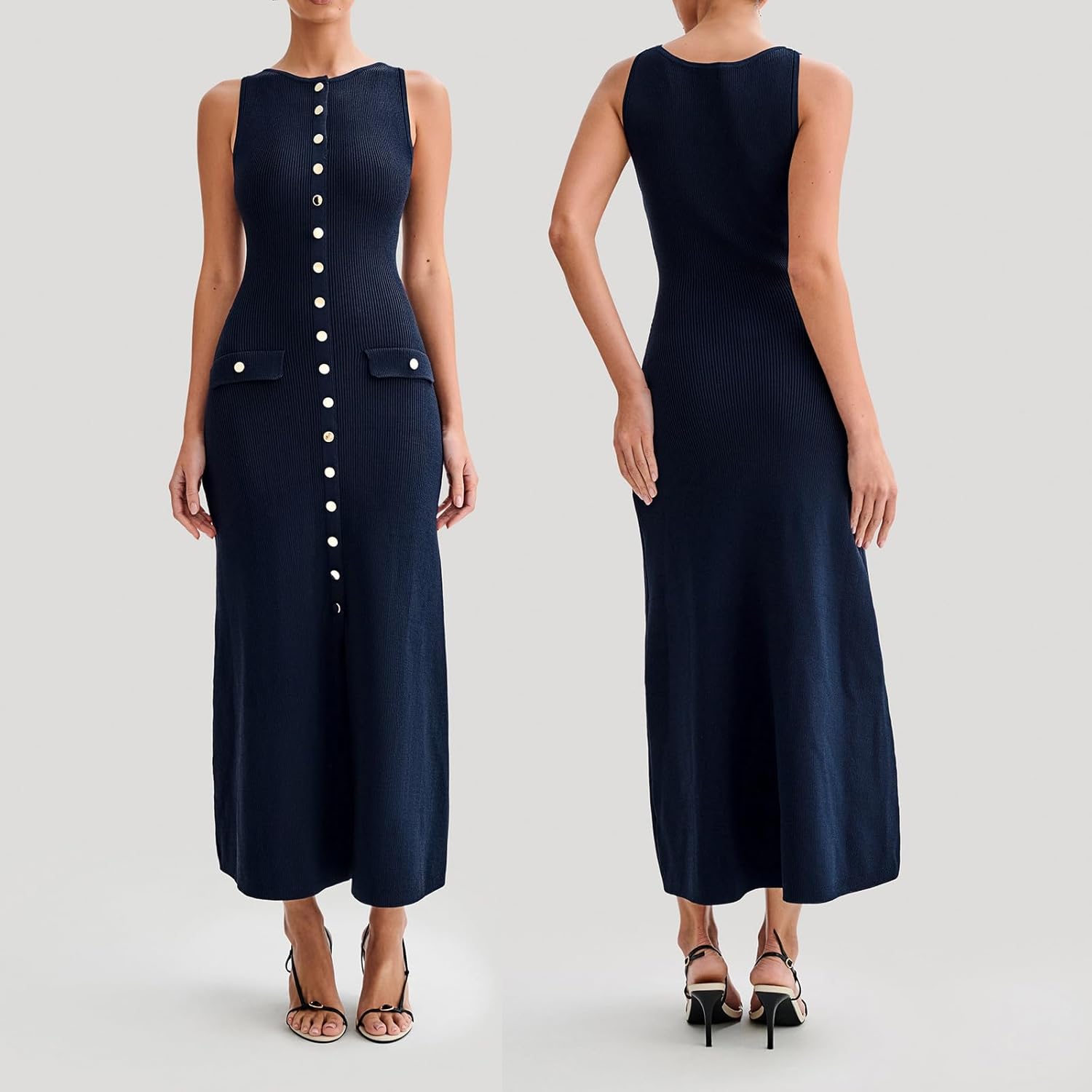 Raxiva-summer sleeveless knitted bodycon dress elegant buttoned o neck party dress