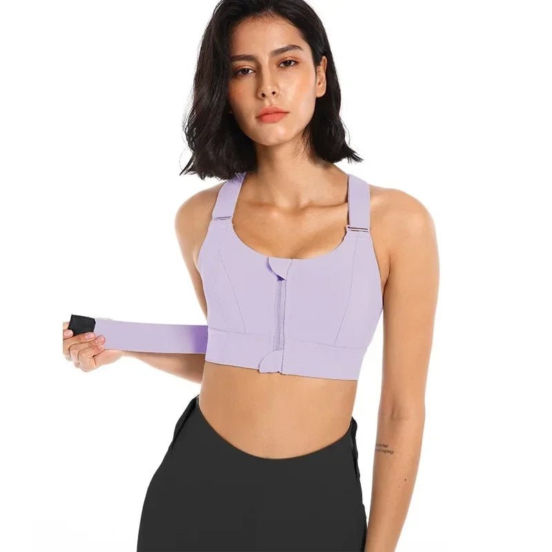 Raxiva-zip front sports bra adjustable shockproof athletic crop top gym yoga